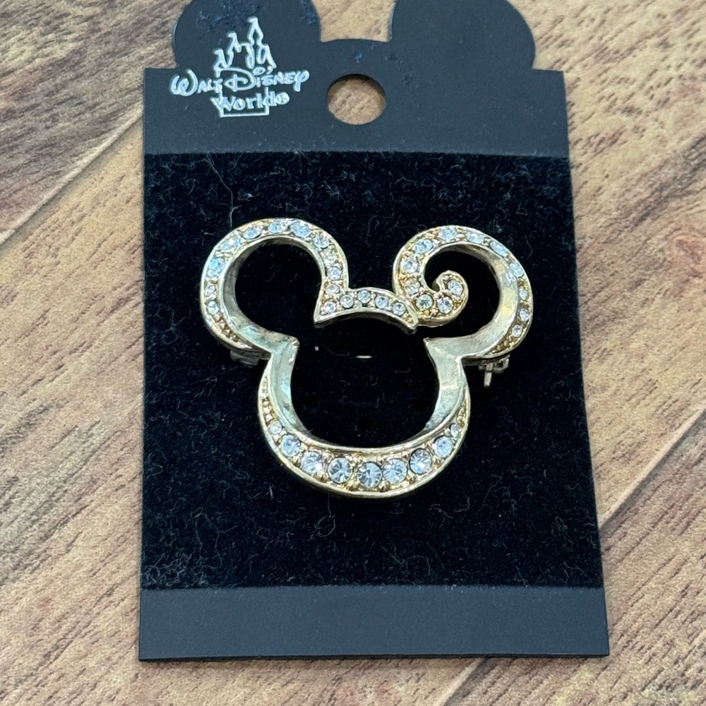 Vintage 1980s Disney Mickey Gold Rhinestone Brooch Pin w/ Original Packaging - Picture 2 of 6